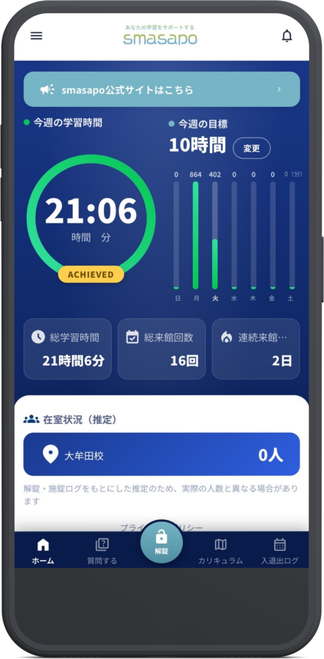 smasapoのホーム画面。週間の学習時間と目標、来館回数などを確認できます